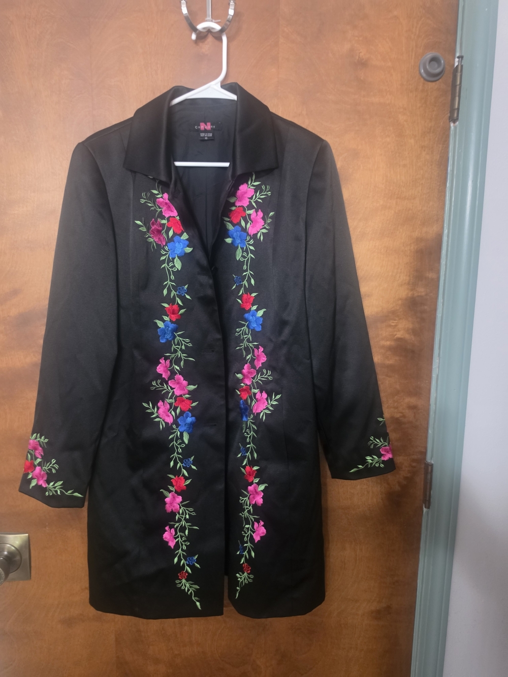 Embroidered Black Long Blazer Jacket with Floral Accents